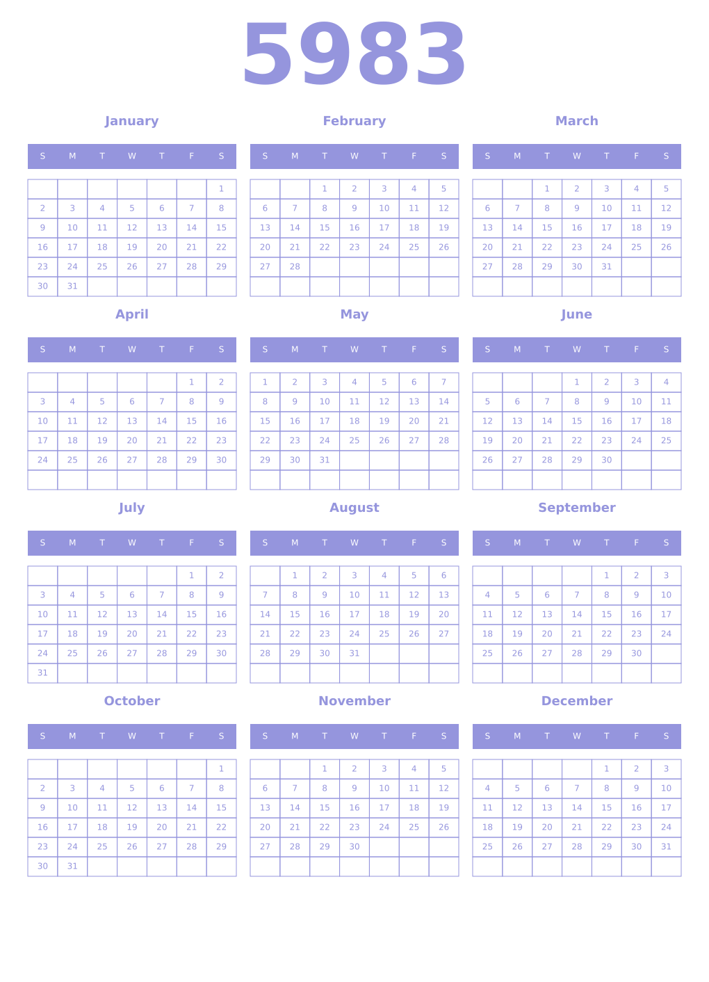 Printable 5983 Year Calendars periwinkle