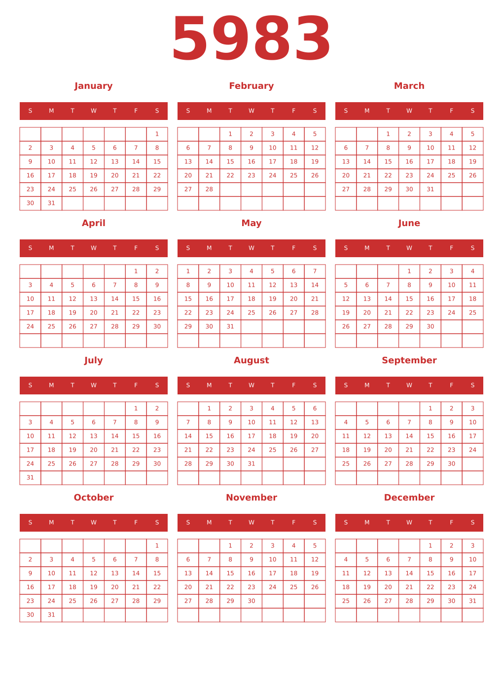 Printable 5983 Year Calendars red
