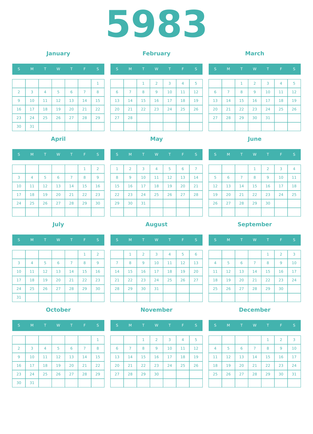 Printable 5983 Year Calendars verdigris