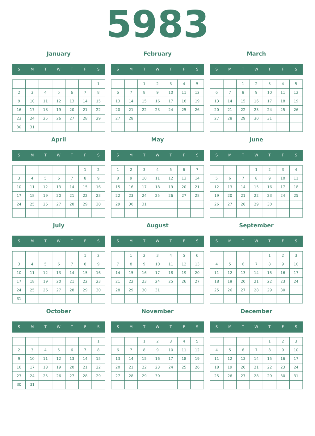 Printable 5983 Year Calendars viridian
