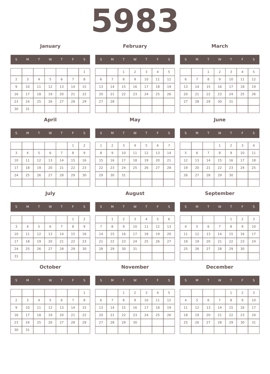 Printable 5983 Year Calendars wenge