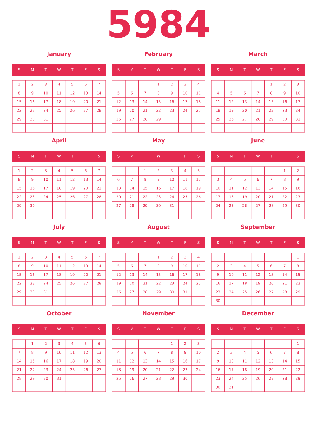 Printable 5984 Year Calendars amaranth