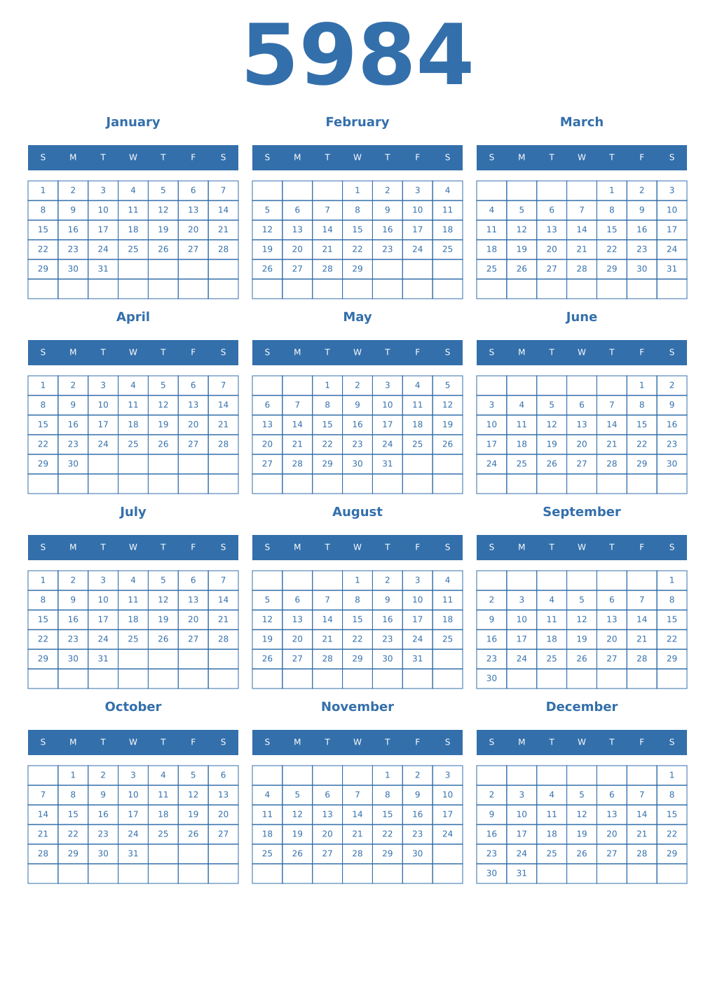 Printable 5984 Year Calendars blue