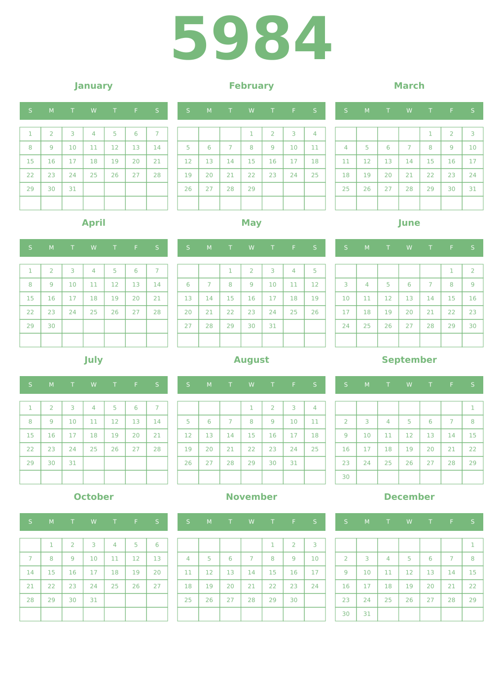 Printable 5984 Year Calendars celadon