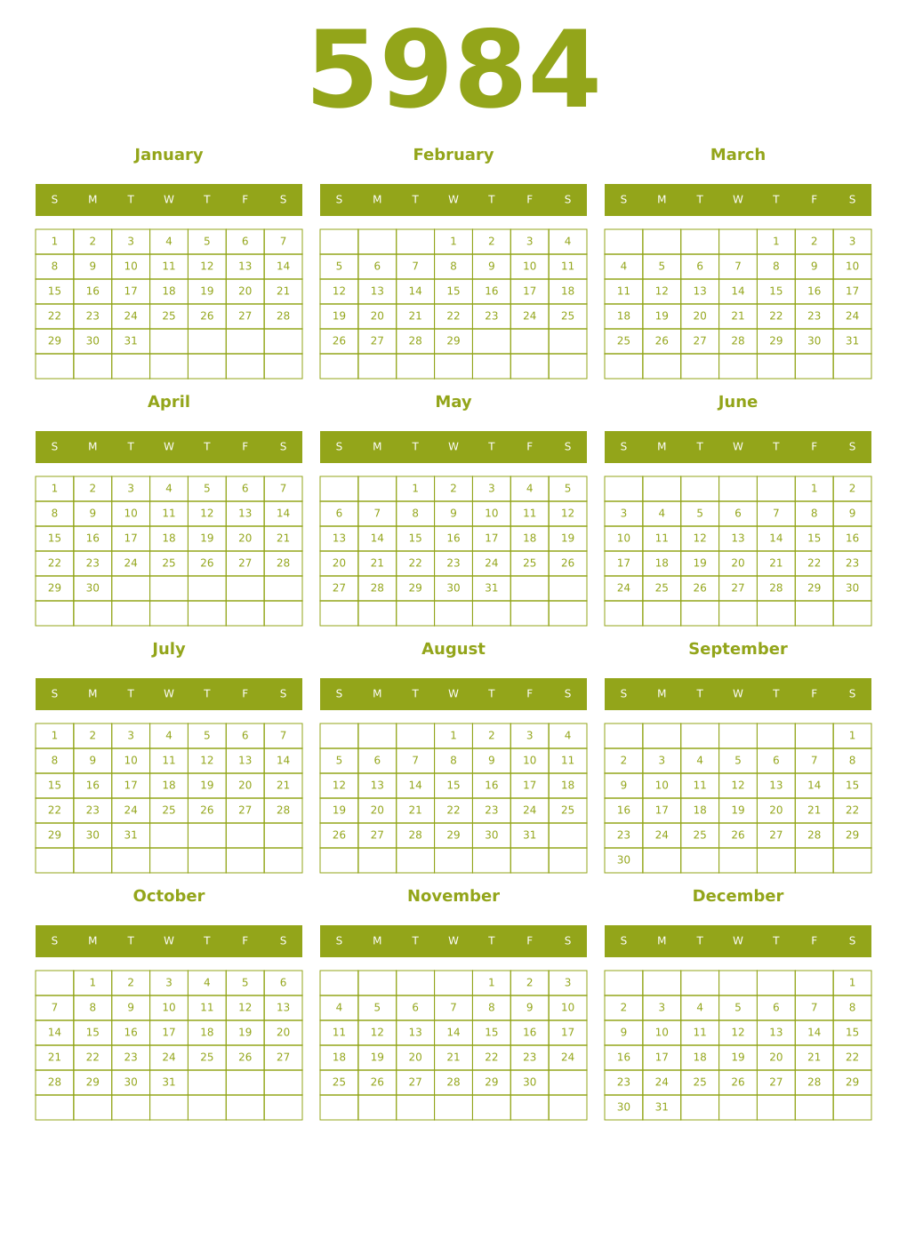 Printable 5984 Year Calendars chartreuse