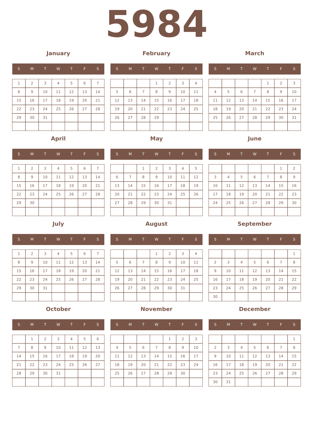 Printable 5984 Year Calendars coffe