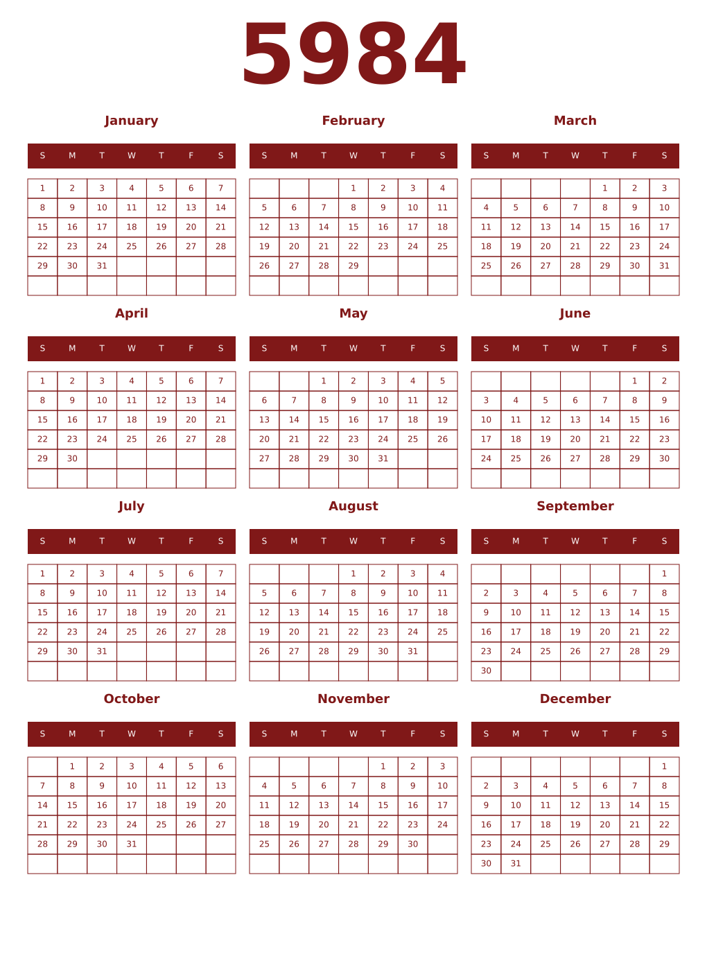 Printable 5984 Year Calendars falu