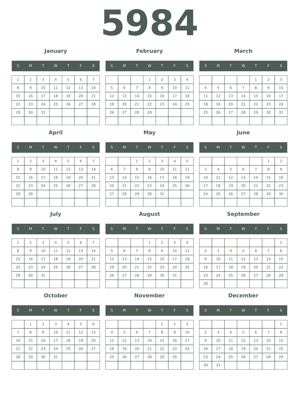 Printable 5984 Year Calendars feldgrau