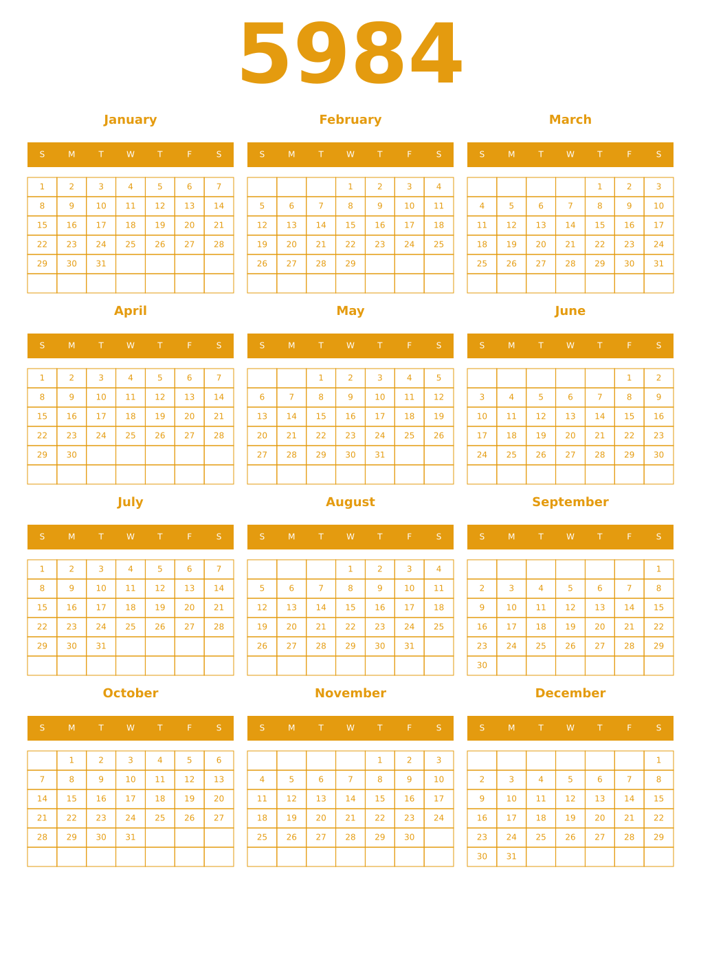 Printable 5984 Year Calendars gamboge