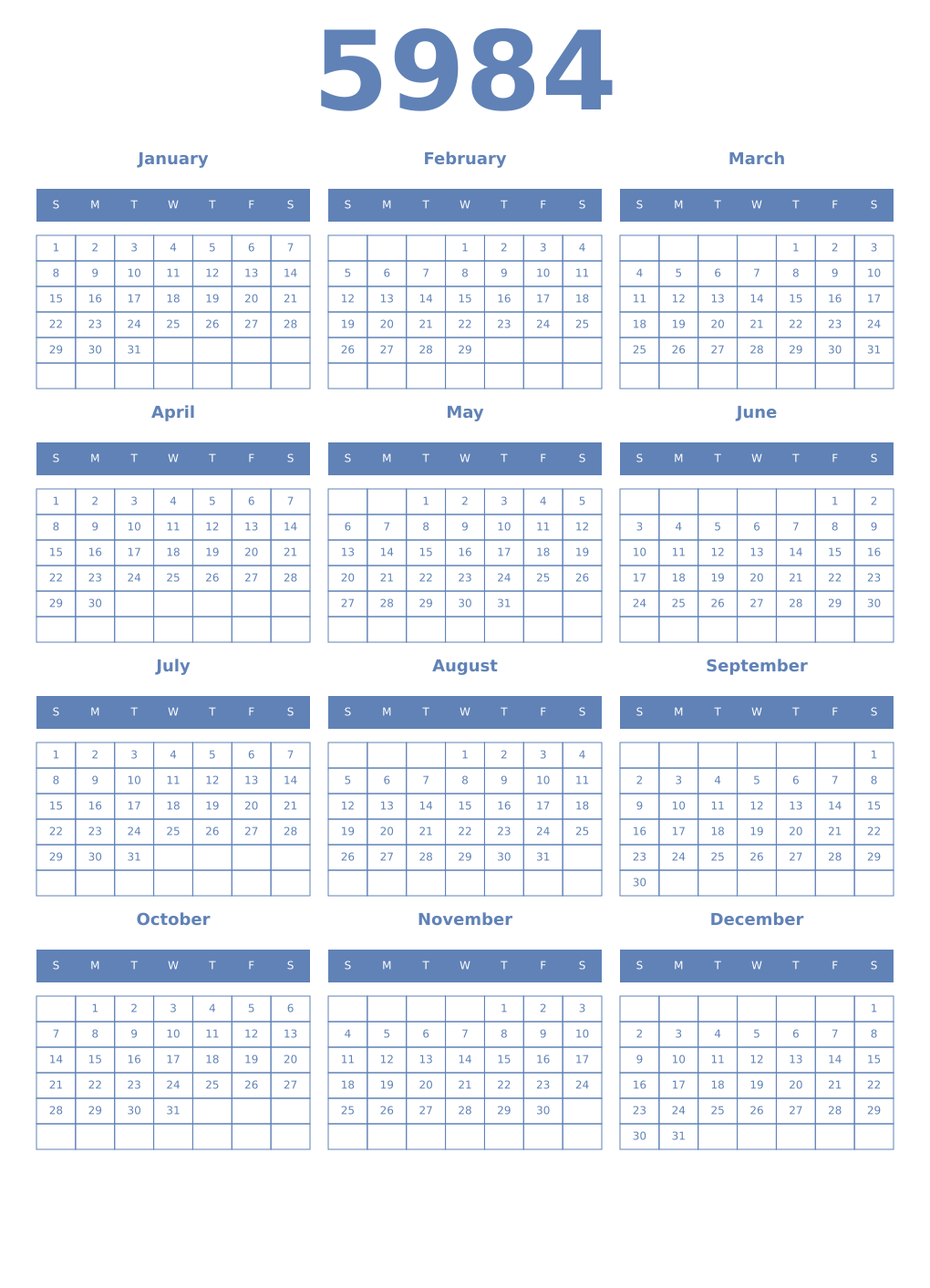 Printable 5984 Year Calendars glaucous