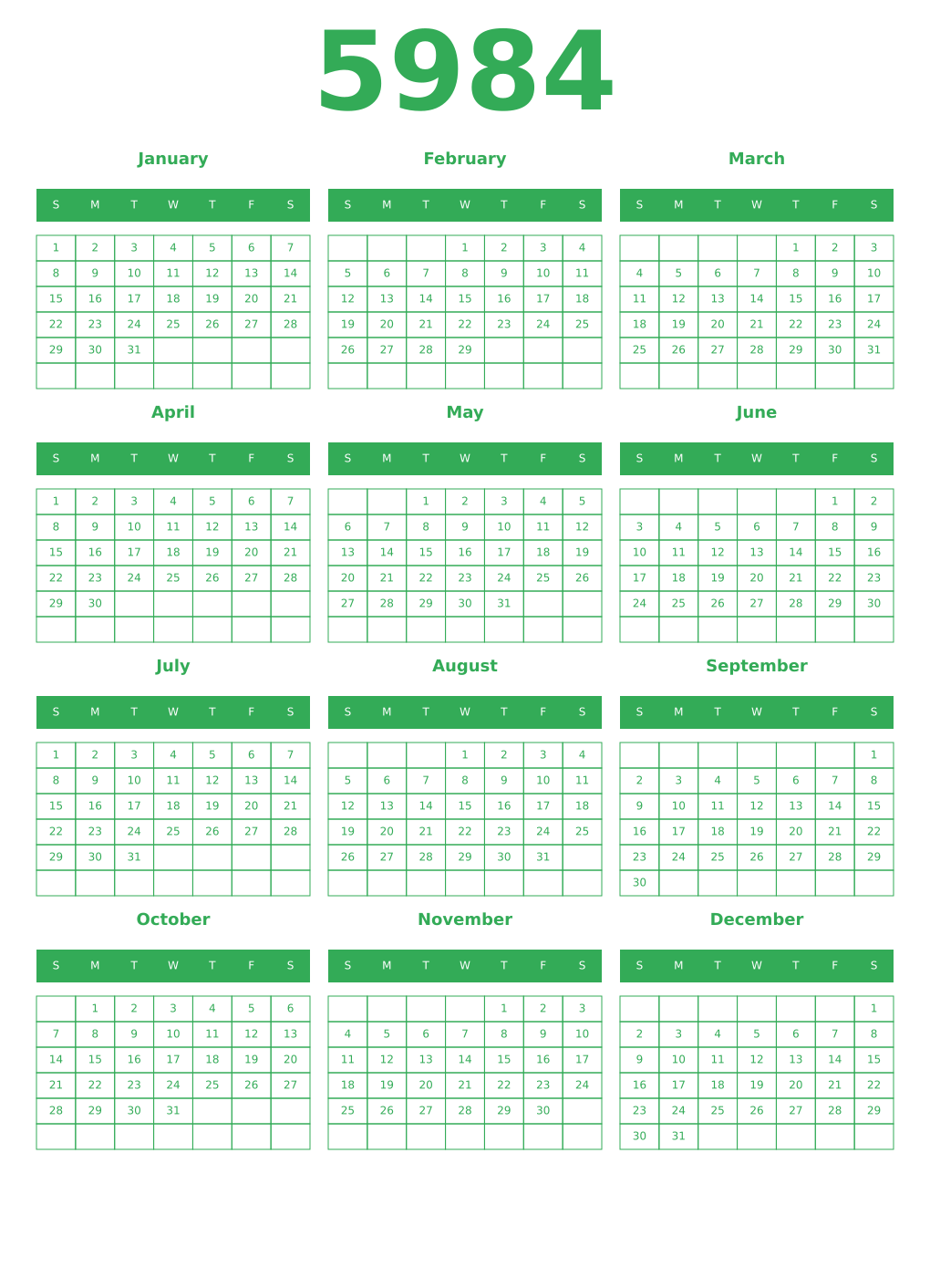Printable 5984 Year Calendars green