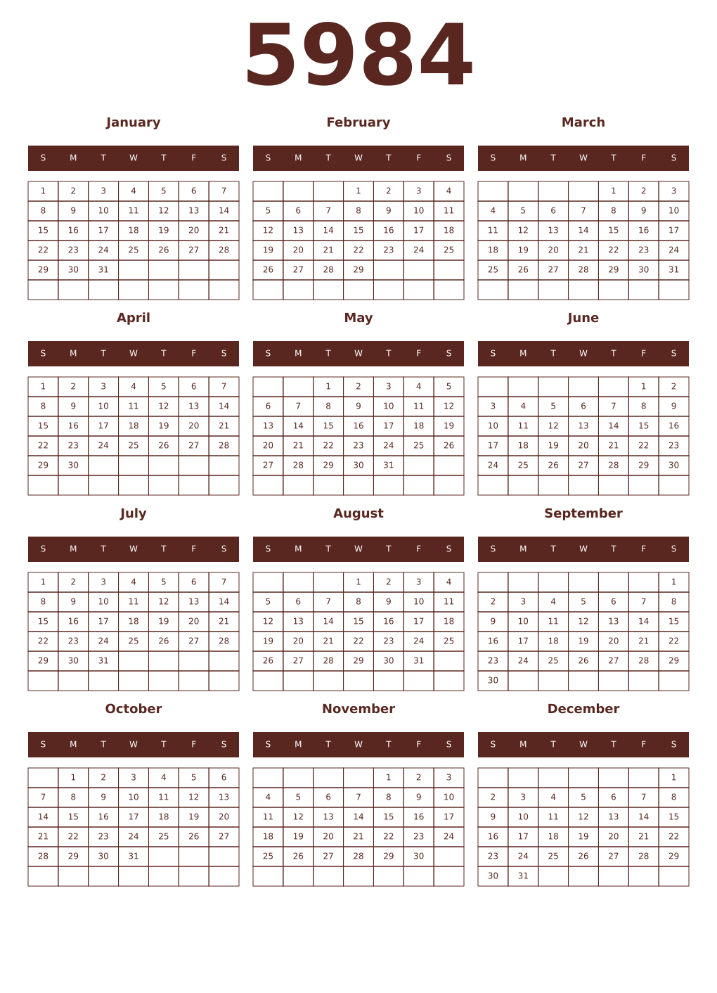 Printable 5984 Year Calendars mortuum