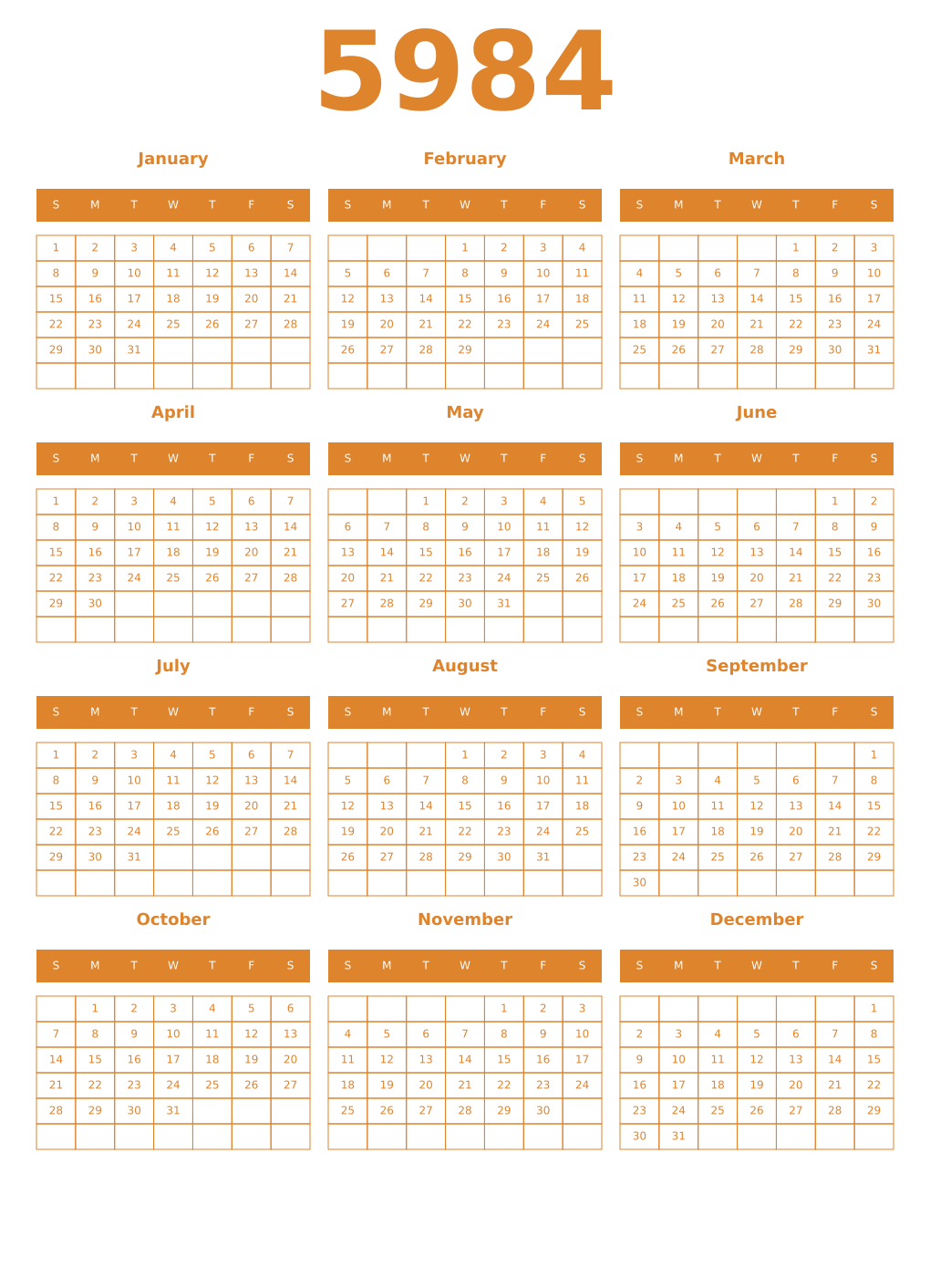 Printable 5984 Year Calendars orange
