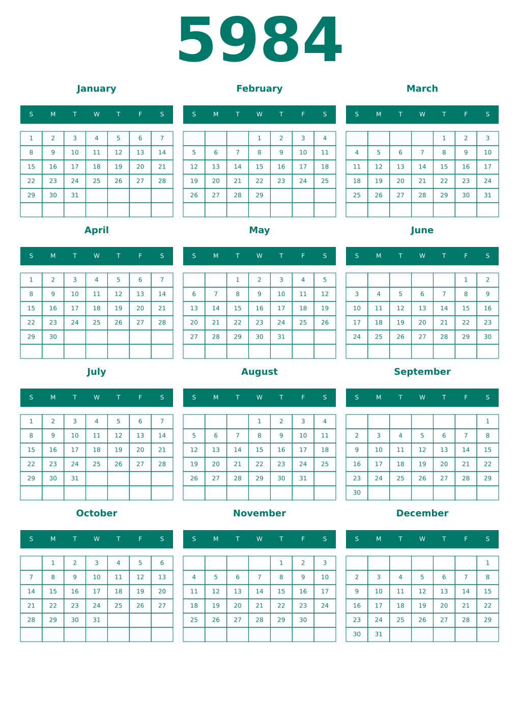 Printable 5984 Year Calendars pastel