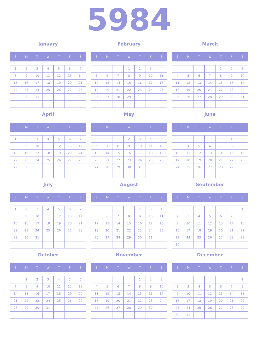 Printable 5984 Year Calendars periwinkle