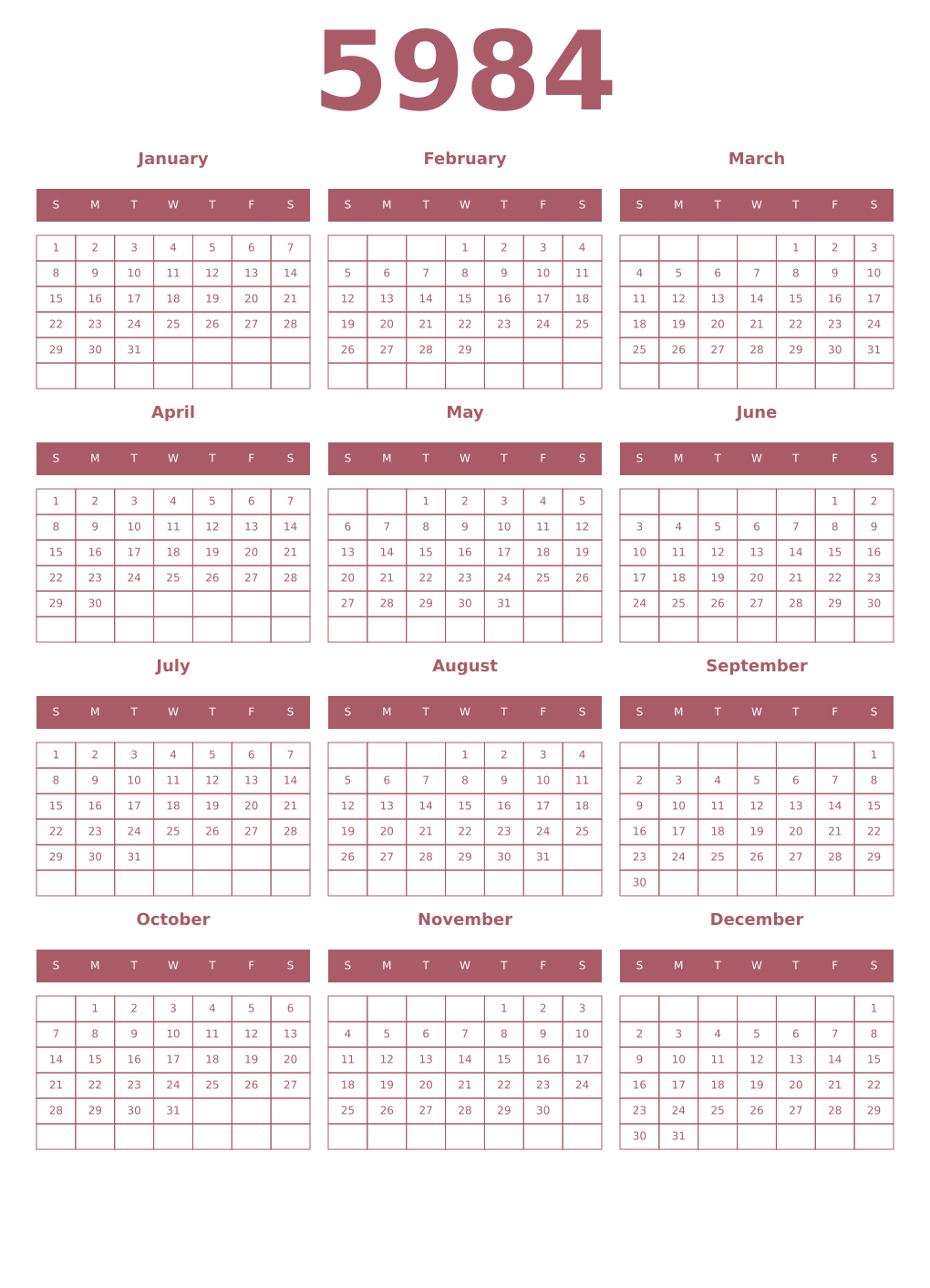 Printable 5984 Year Calendars puce