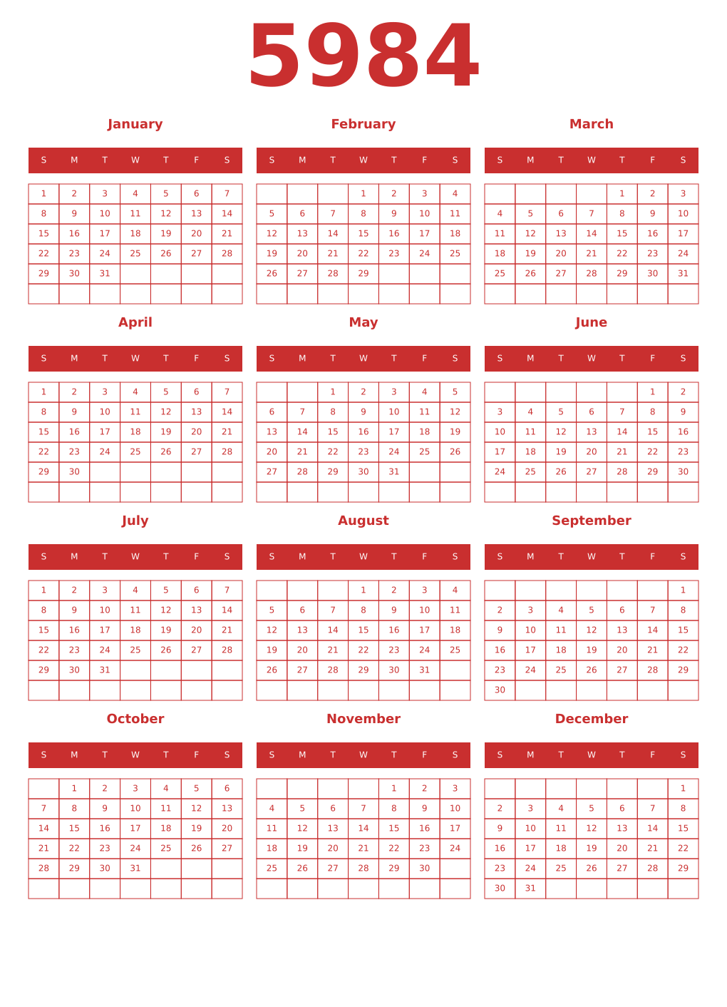 Printable 5984 Year Calendars red