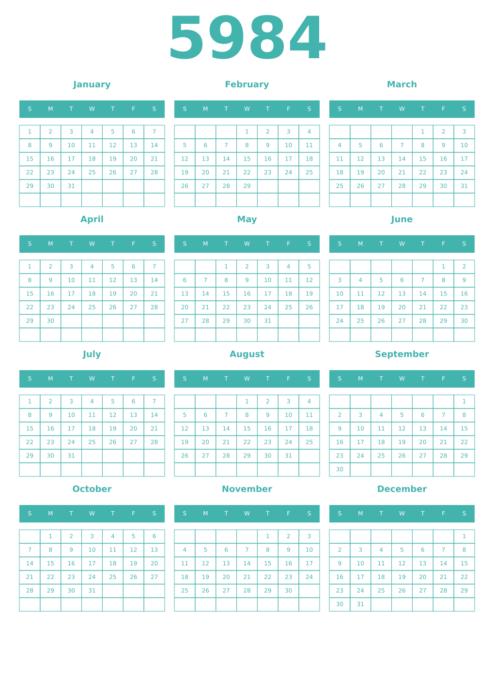 Printable 5984 Year Calendars verdigris