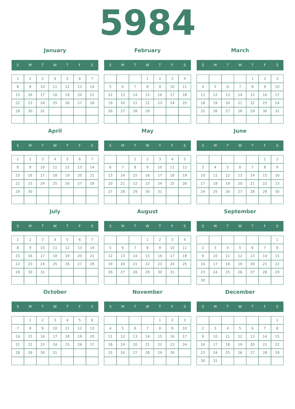 Printable 5984 Year Calendars viridian