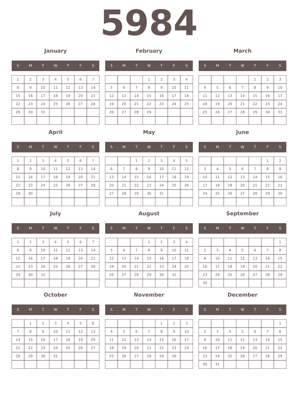 Printable 5984 Year Calendars wenge