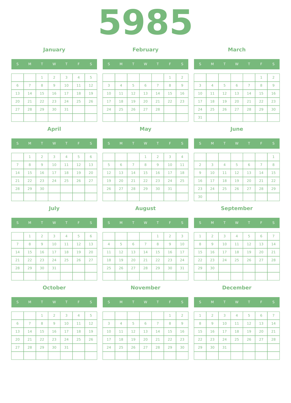 Printable 5985 Year Calendars celadon