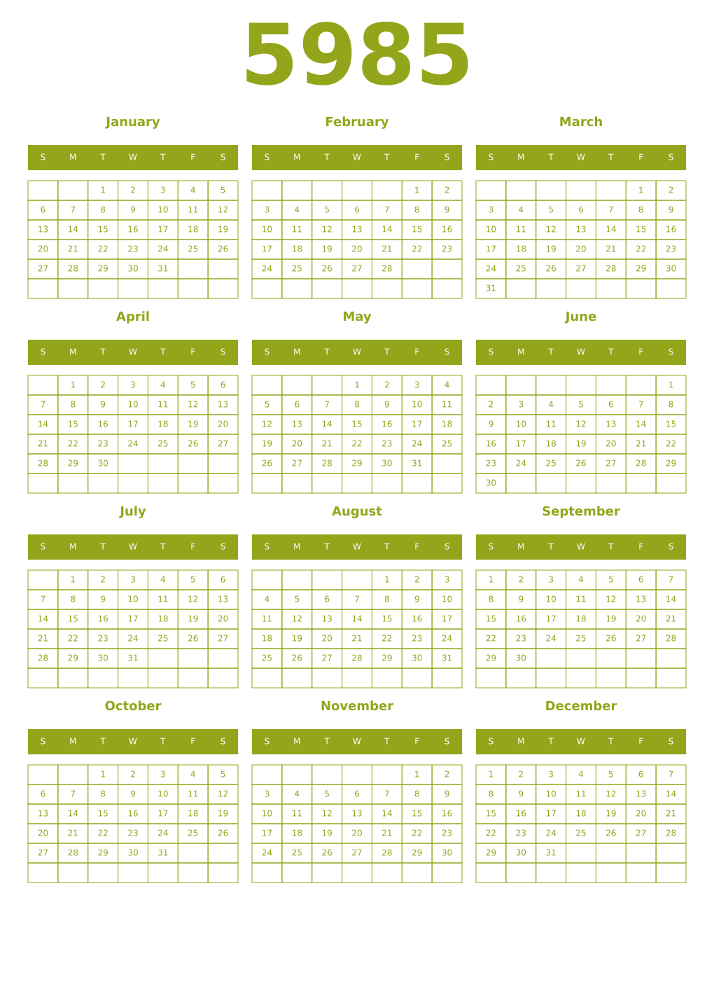Printable 5985 Year Calendars chartreuse