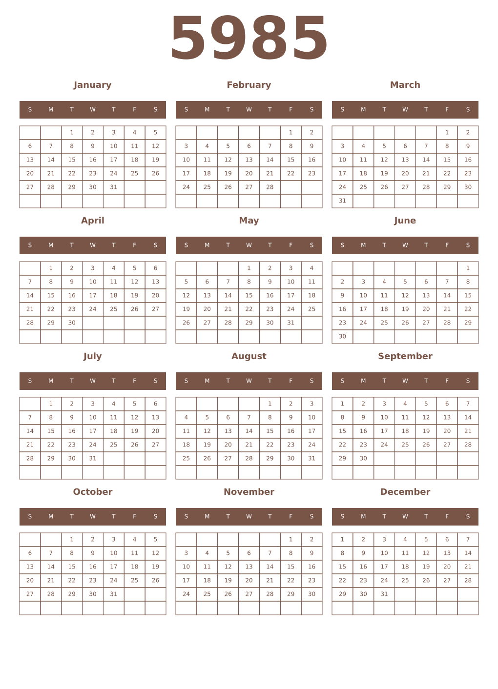 Printable 5985 Year Calendars coffe