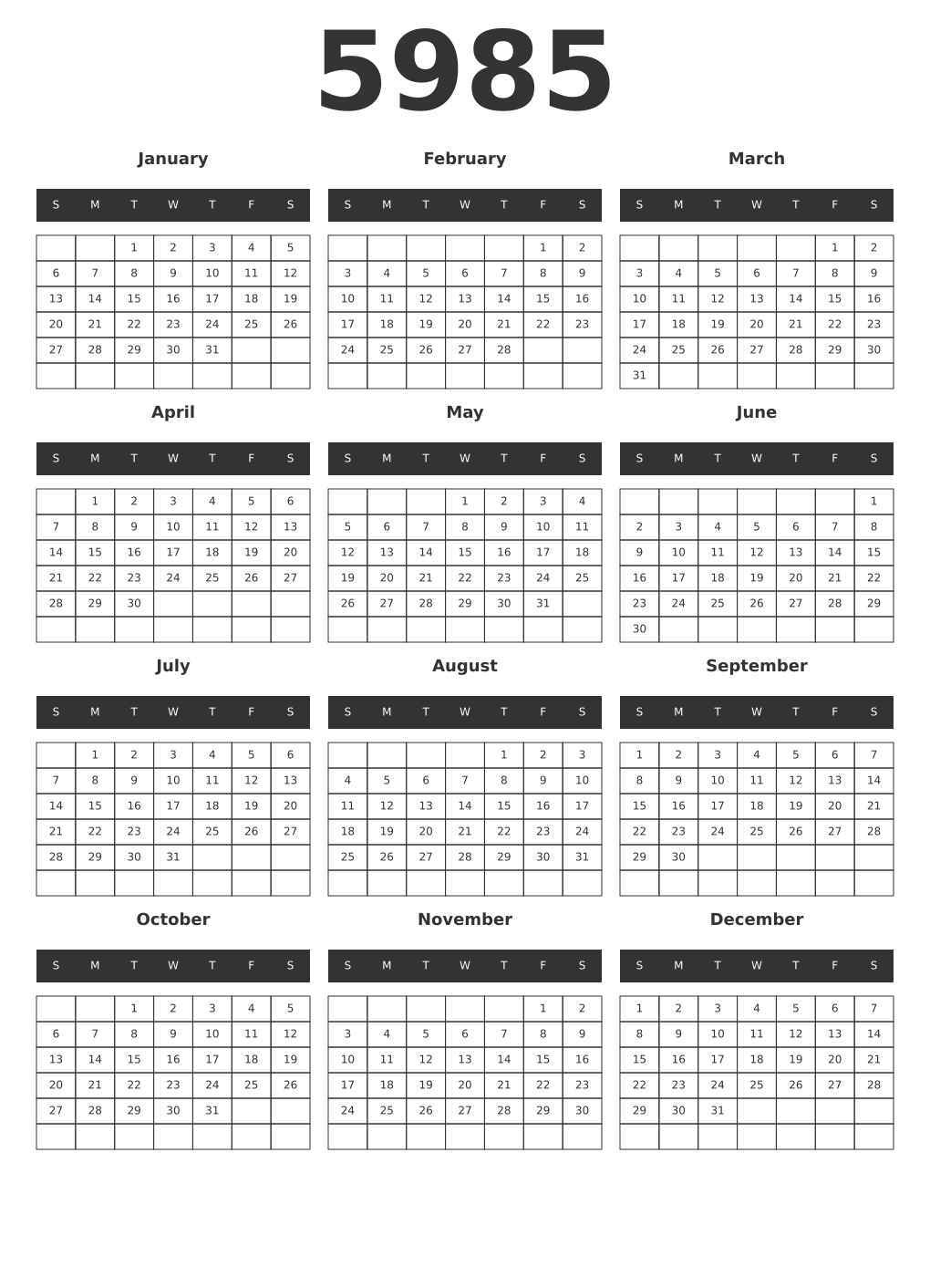Printable 5985 Year Calendars dark