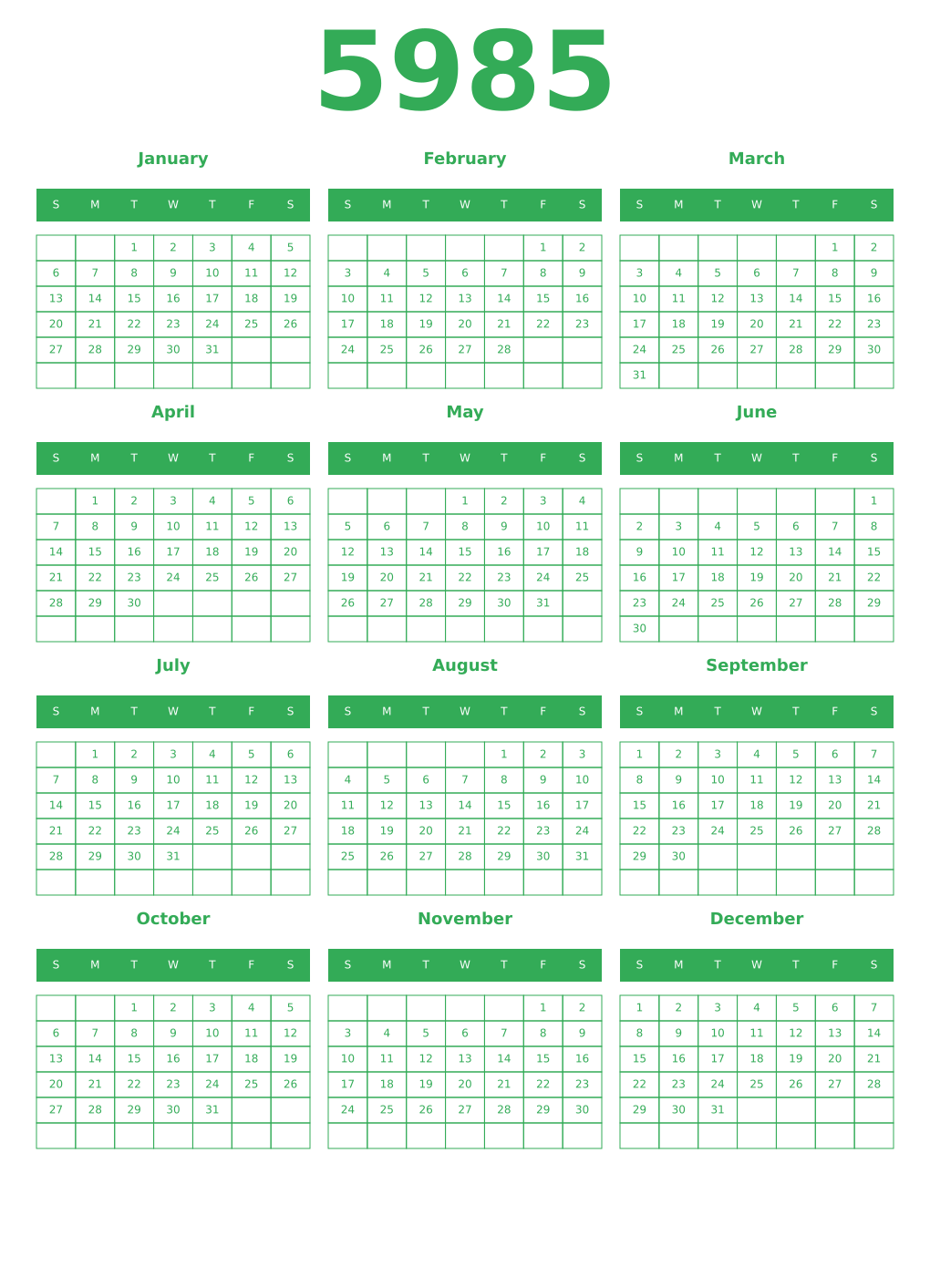 Printable 5985 Year Calendars green