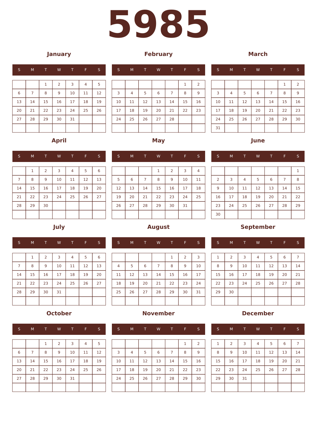 Printable 5985 Year Calendars mortuum
