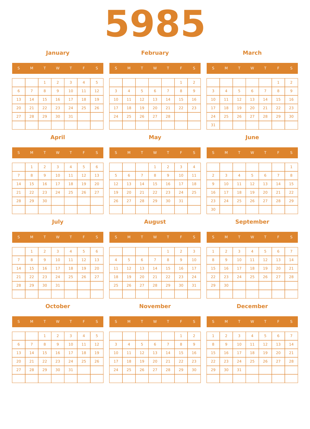 Printable 5985 Year Calendars orange
