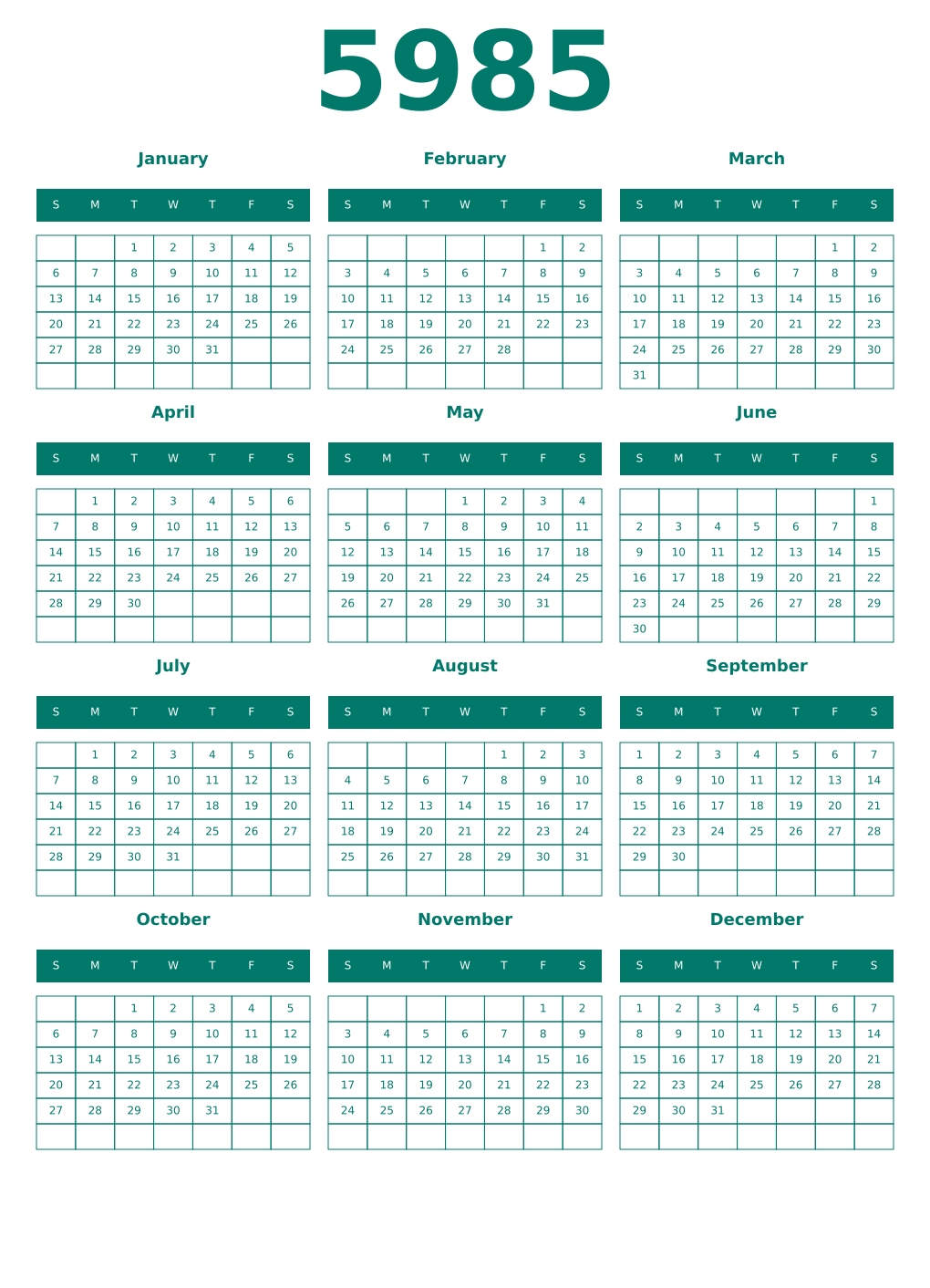 Printable 5985 Year Calendars pastel