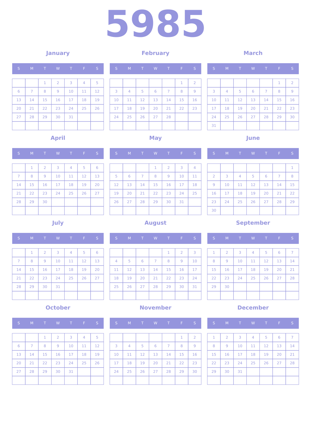 Printable 5985 Year Calendars periwinkle