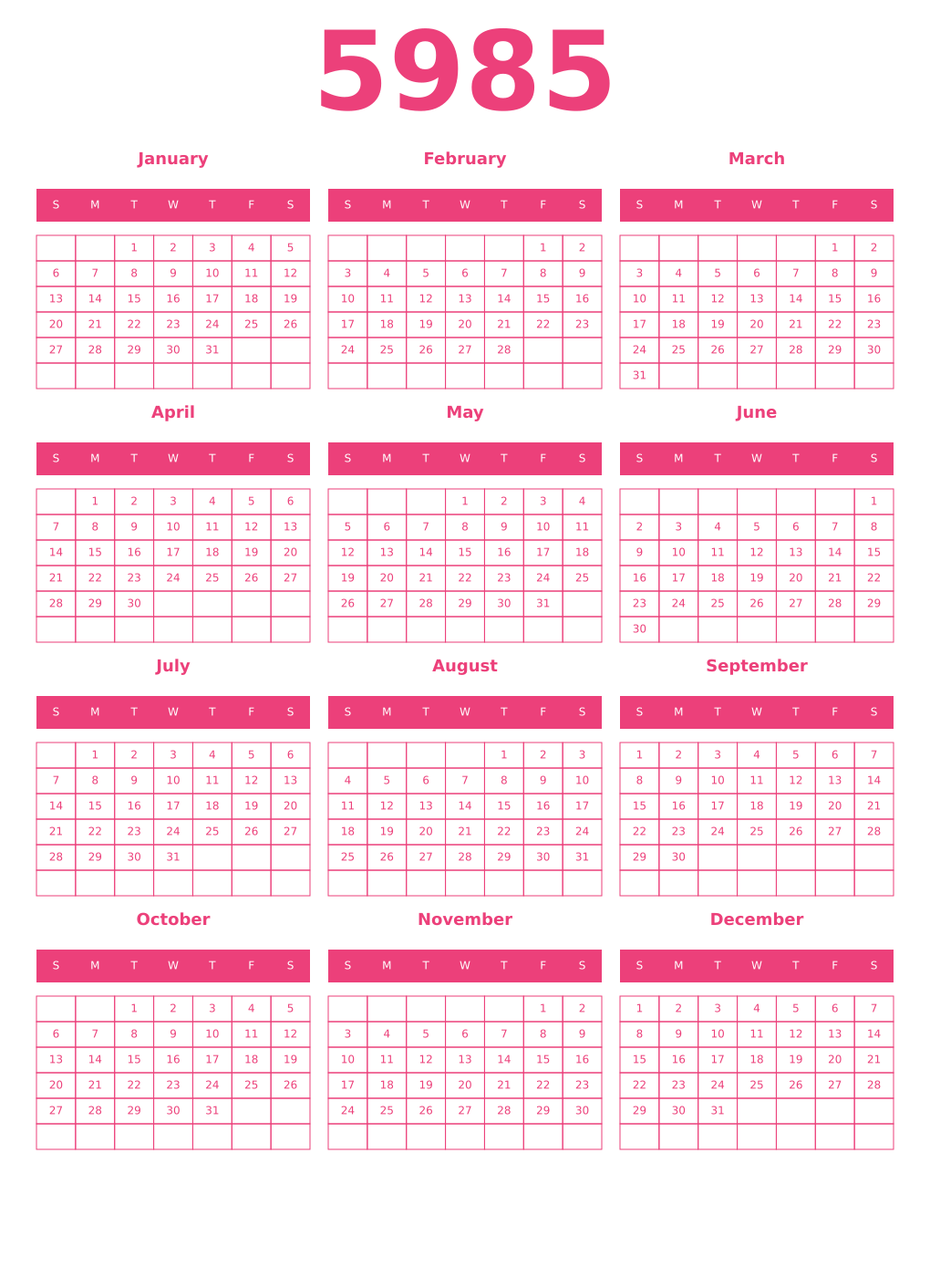 Printable 5985 Year Calendars pink