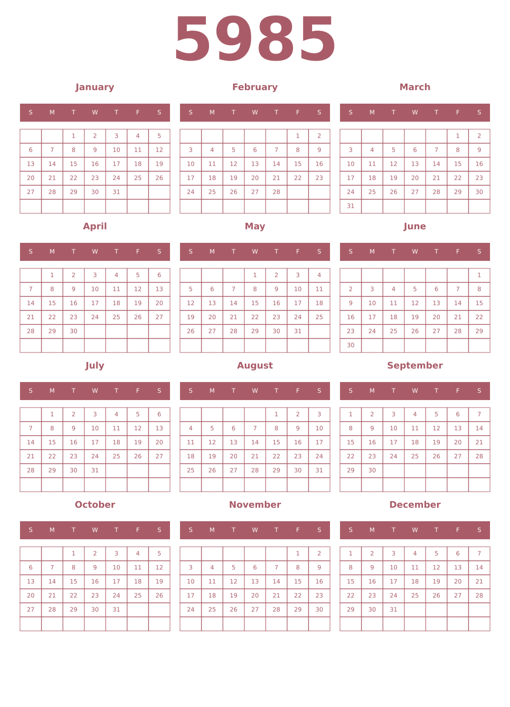 Printable 5985 Year Calendars puce