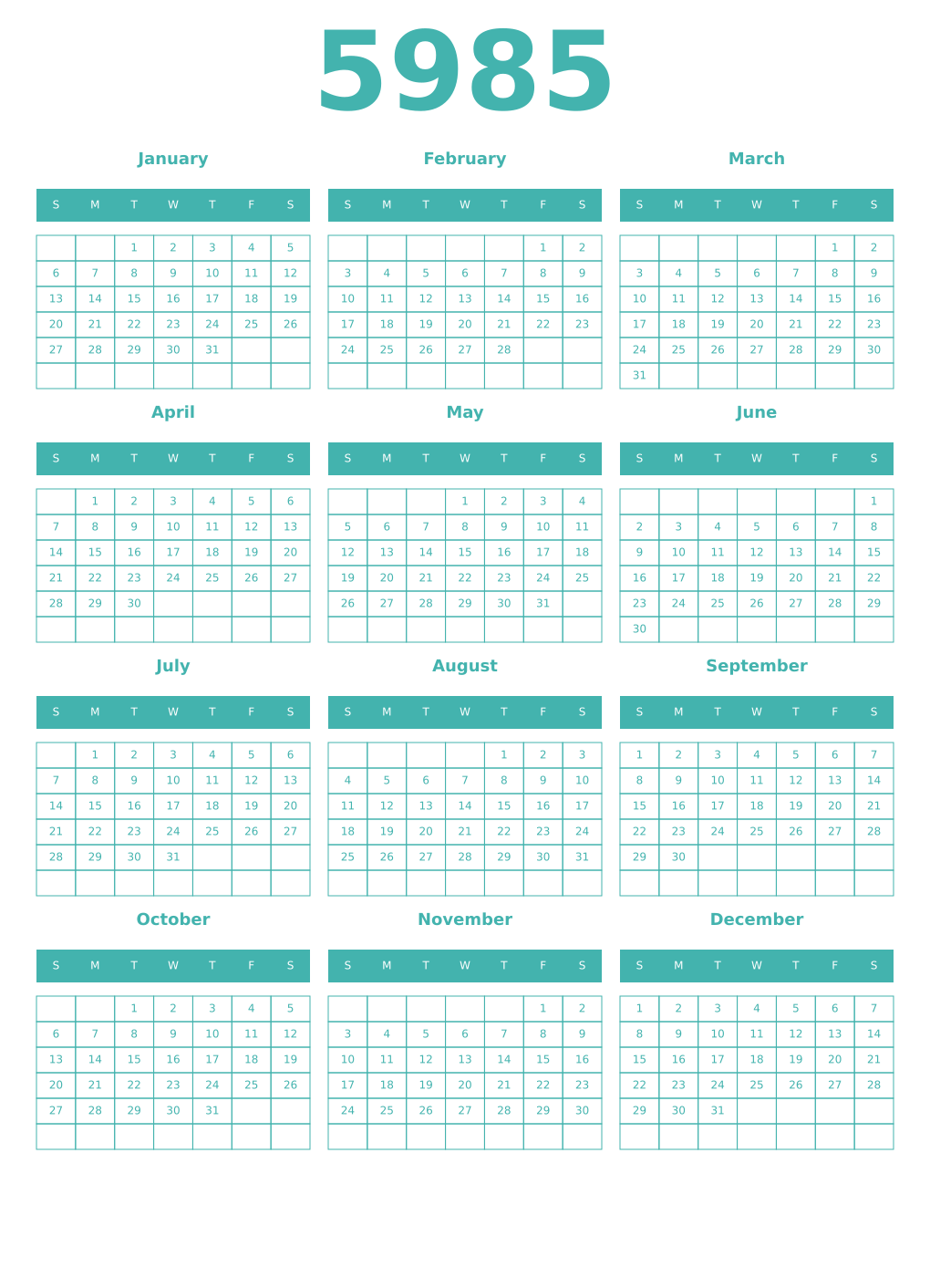 Printable 5985 Year Calendars verdigris