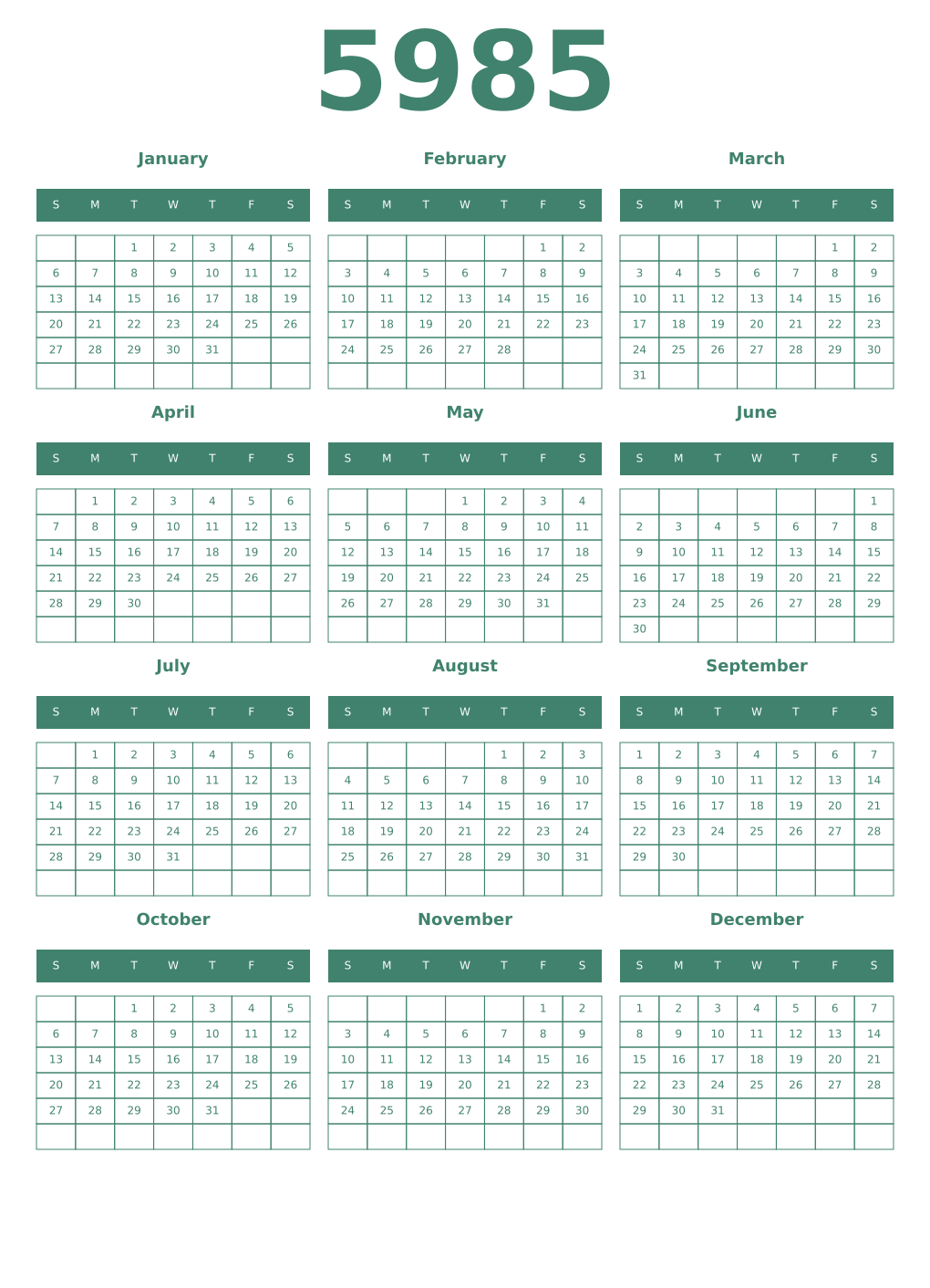 Printable 5985 Year Calendars viridian