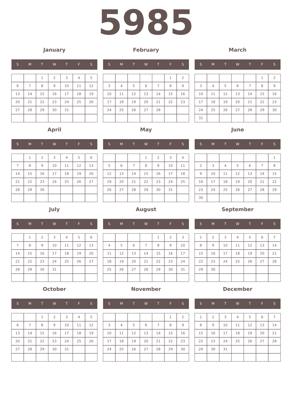 Printable 5985 Year Calendars wenge