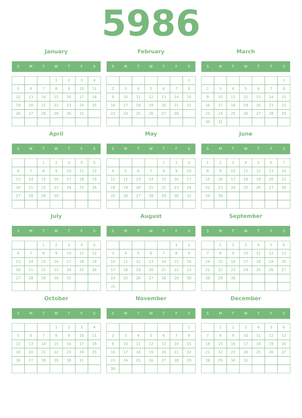 Printable 5986 Year Calendars celadon