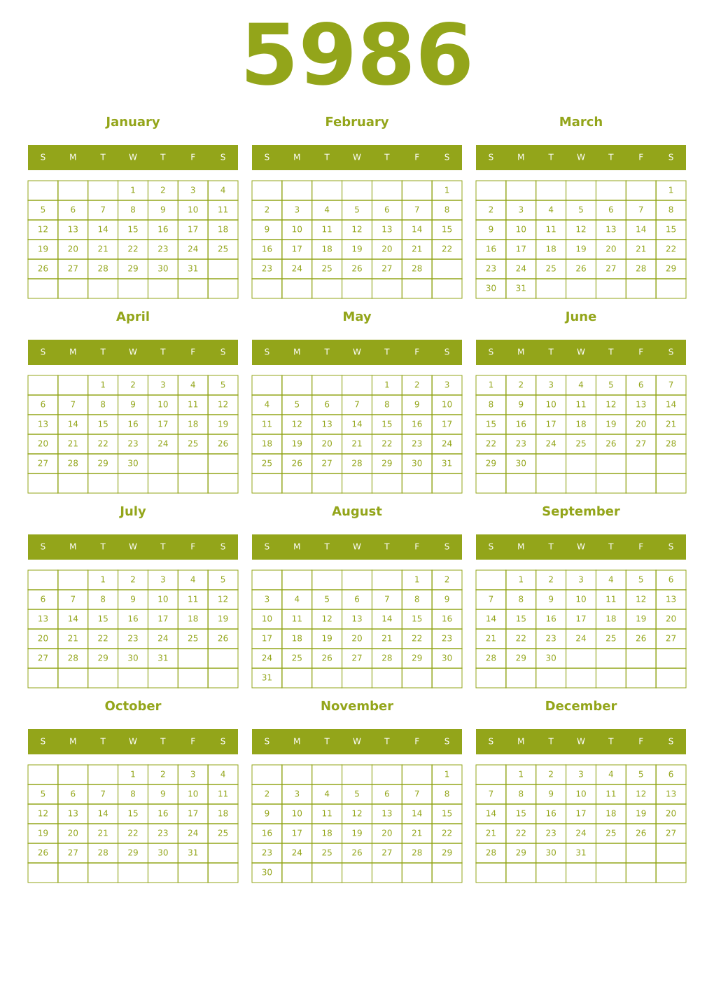 Printable 5986 Year Calendars chartreuse