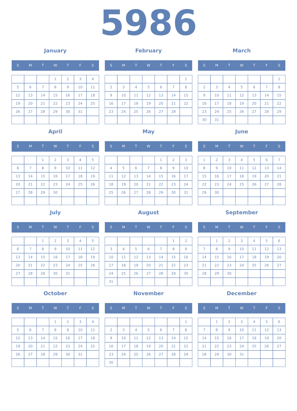 Printable 5986 Year Calendars glaucous
