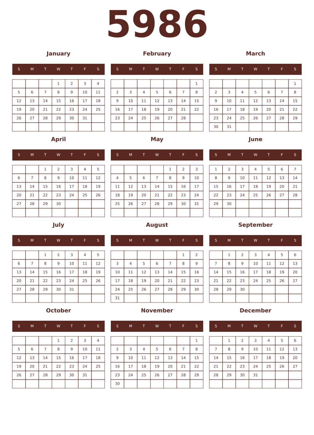 Printable 5986 Year Calendars mortuum