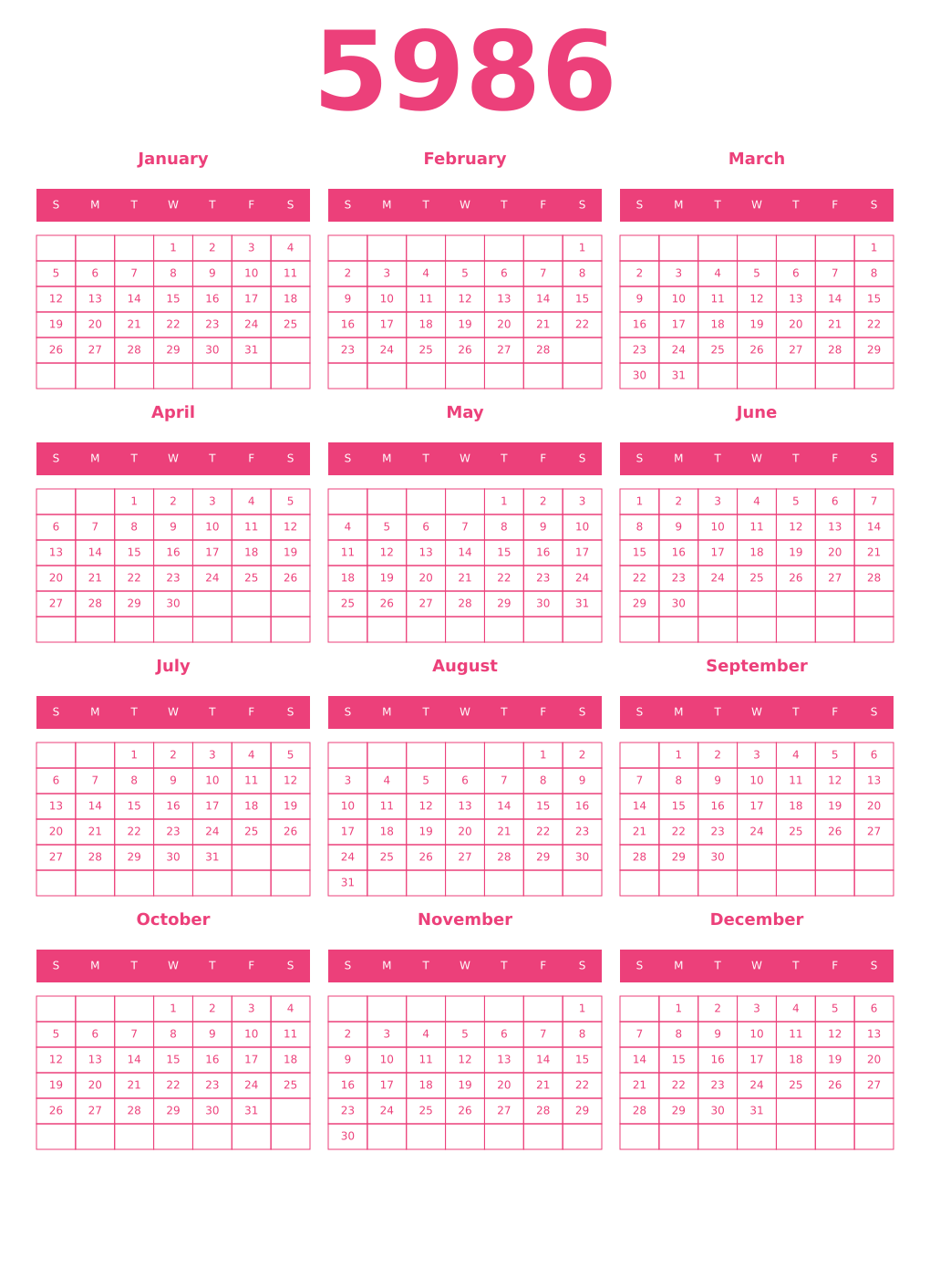 Printable 5986 Year Calendars pink