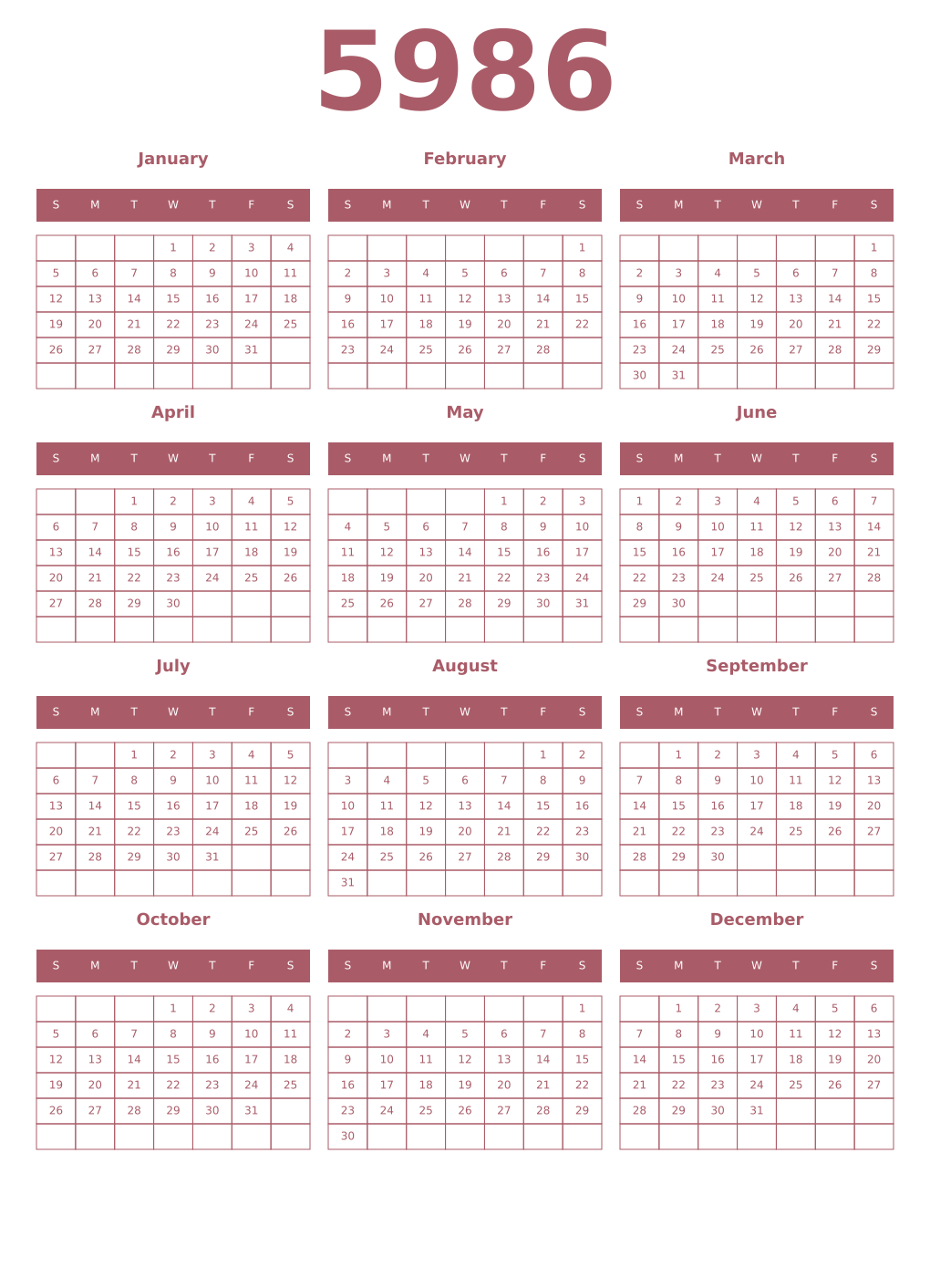 Printable 5986 Year Calendars puce