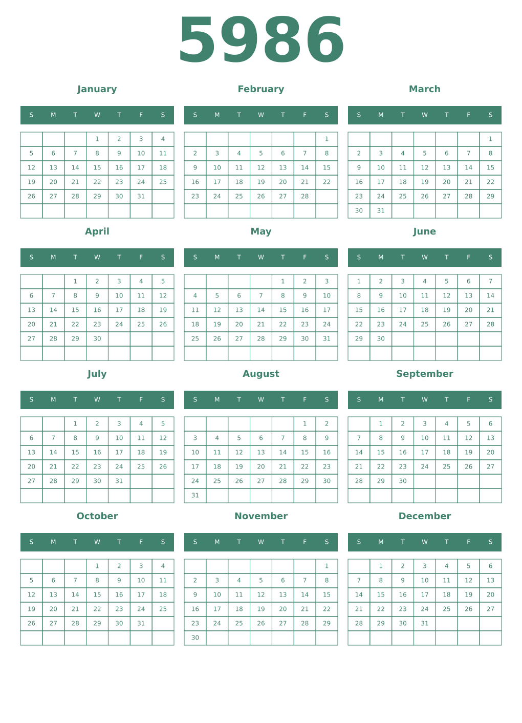 Printable 5986 Year Calendars viridian