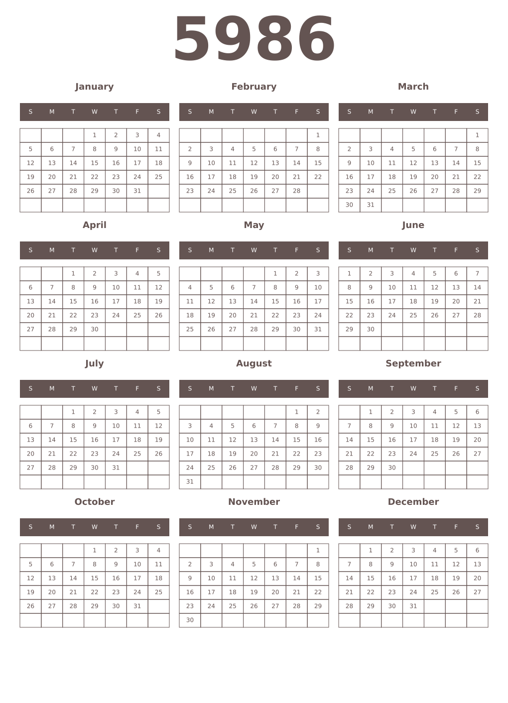 Printable 5986 Year Calendars wenge