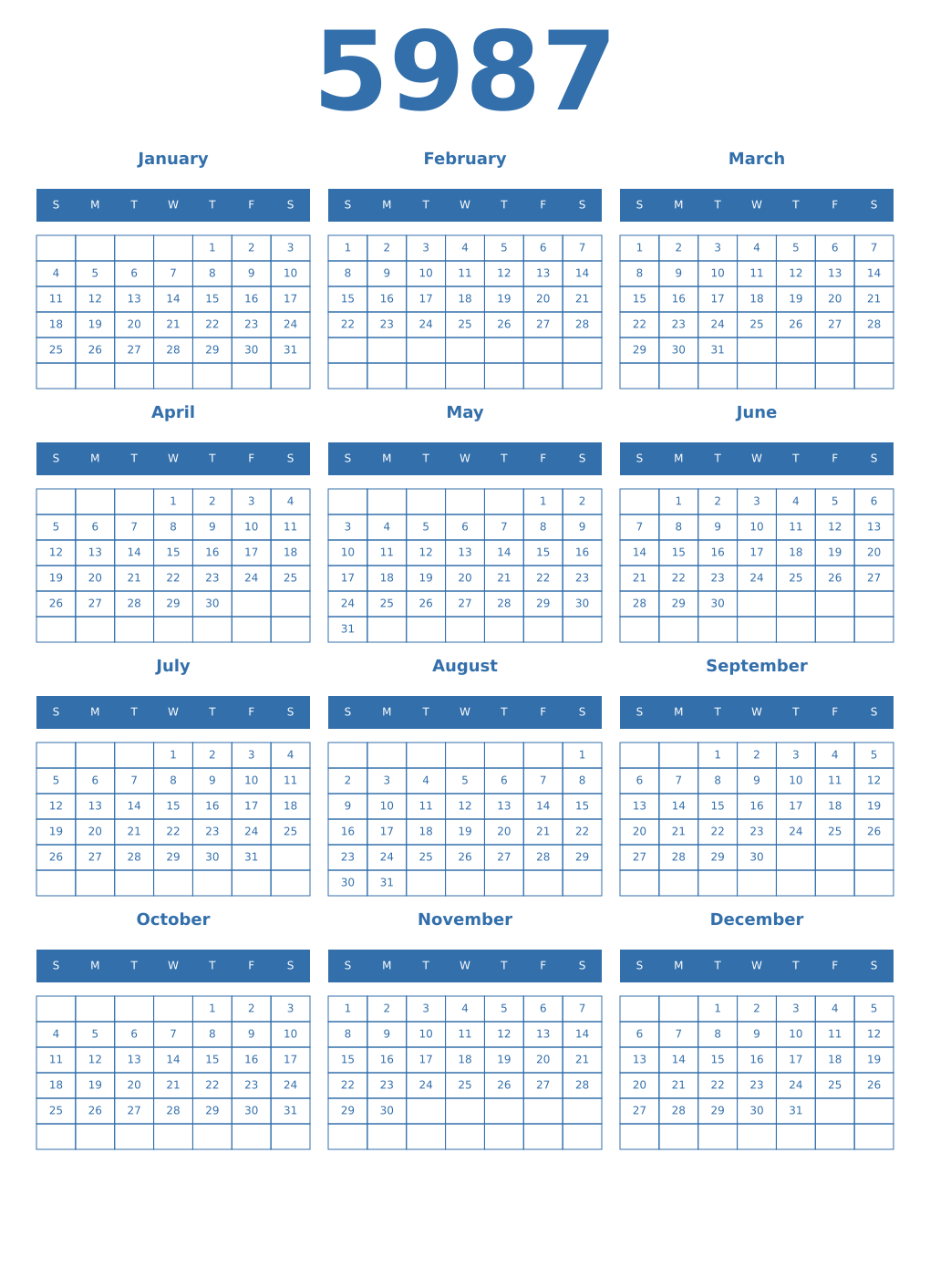 Printable 5987 Year Calendars blue