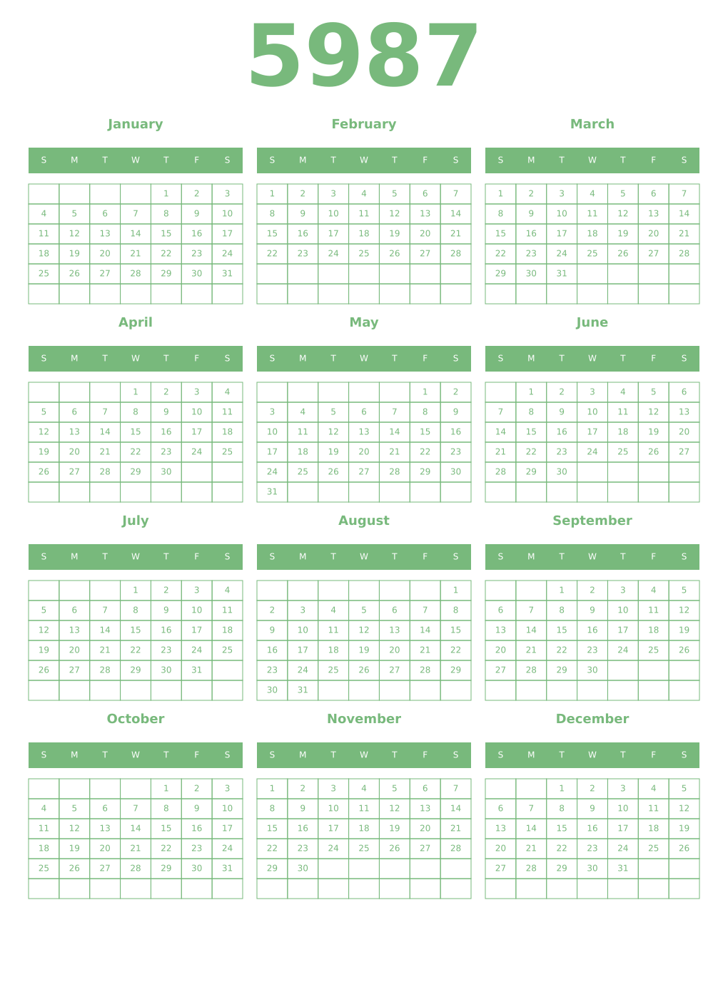 Printable 5987 Year Calendars celadon