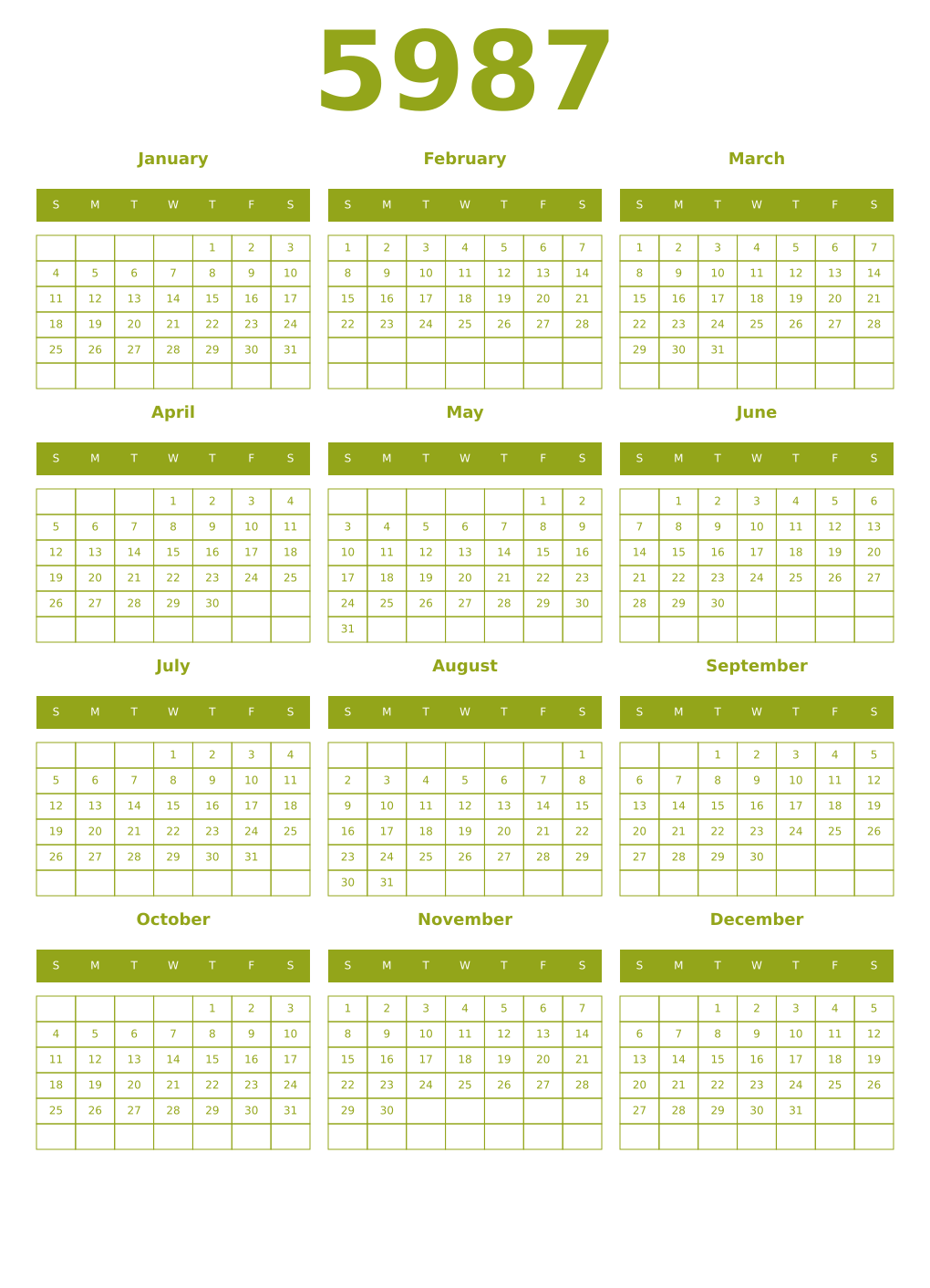 Printable 5987 Year Calendars chartreuse
