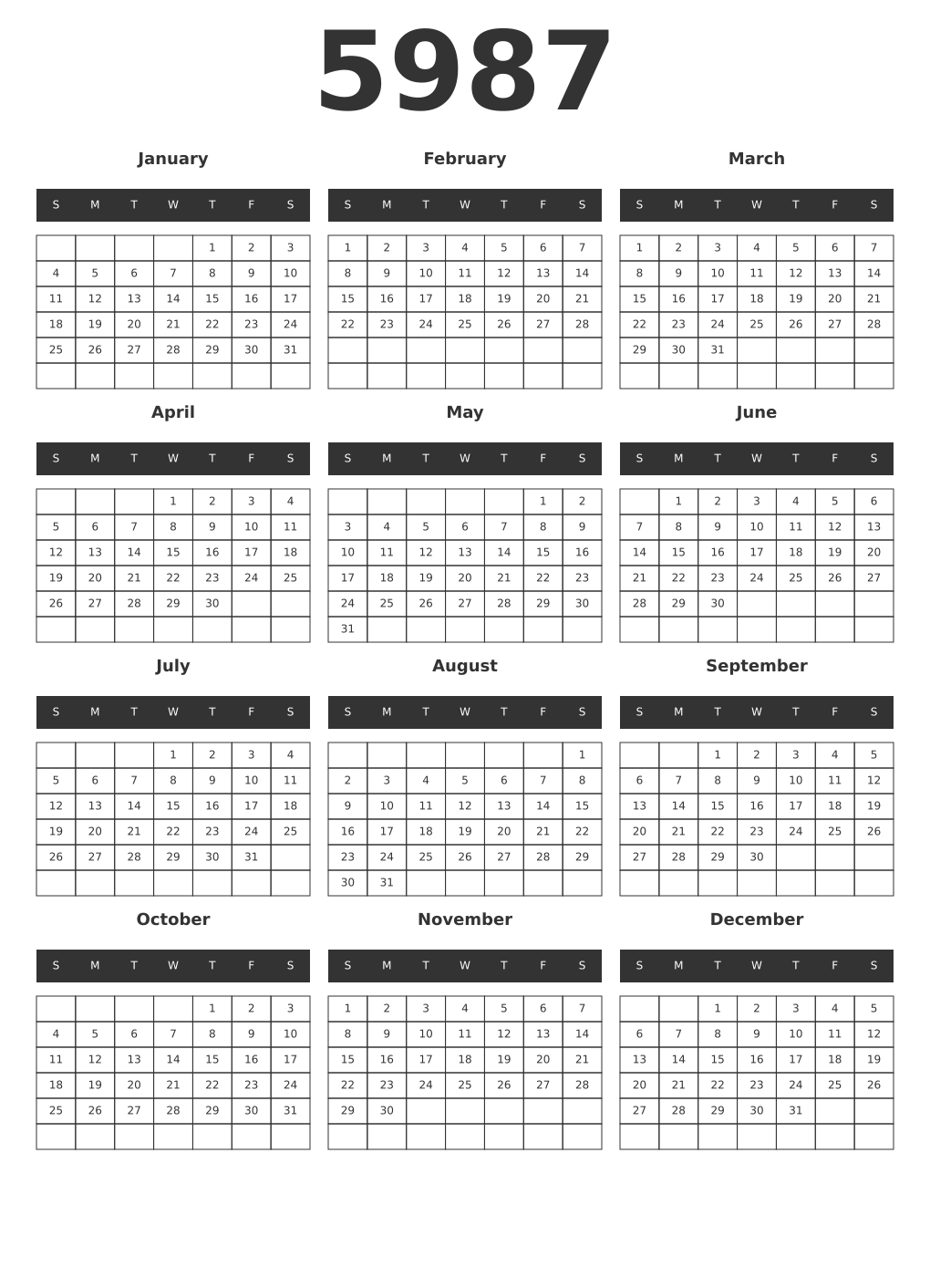 Printable 5987 Year Calendars dark